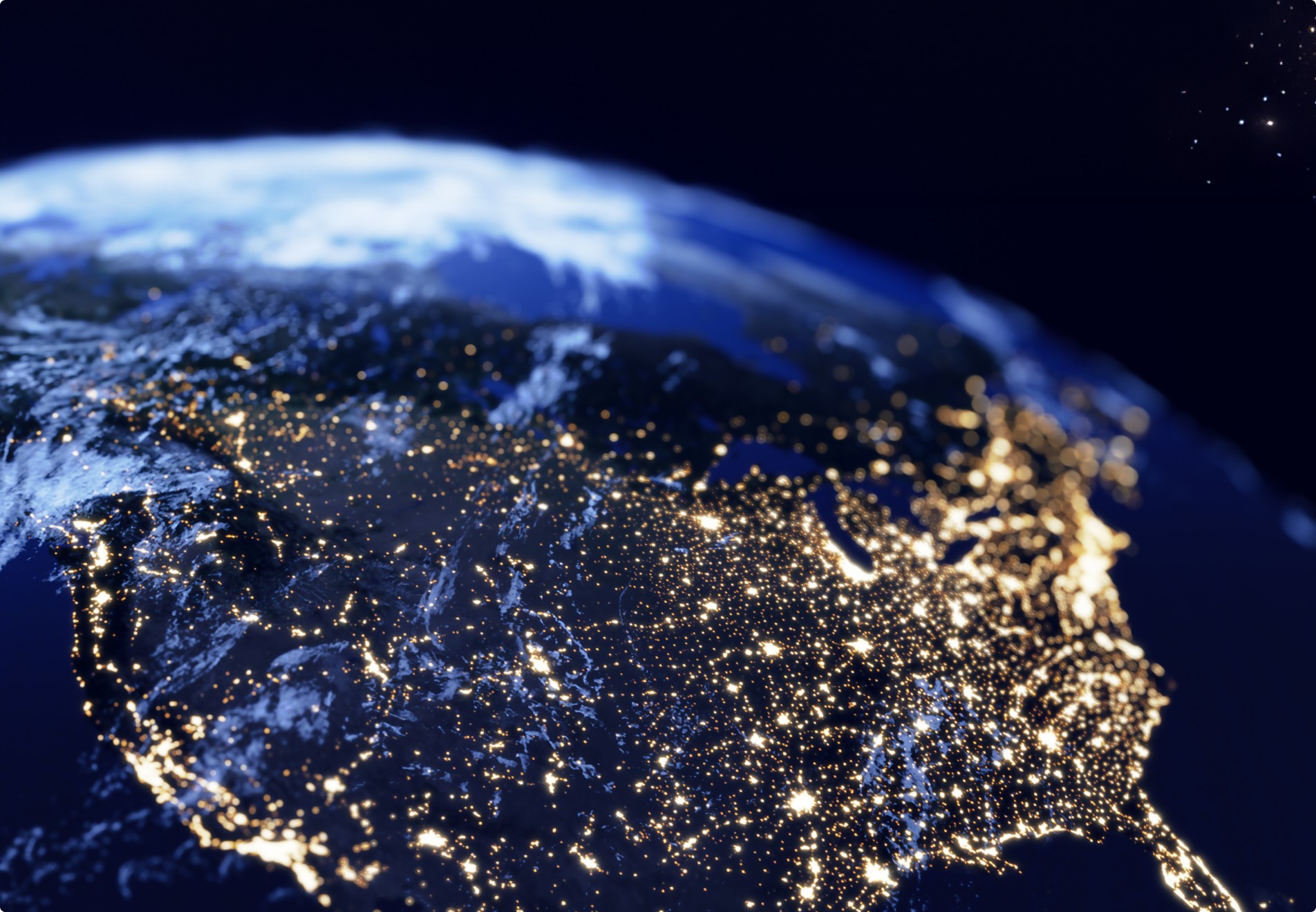 Planeta Terra visto à noite com foco nos Estados Unidos